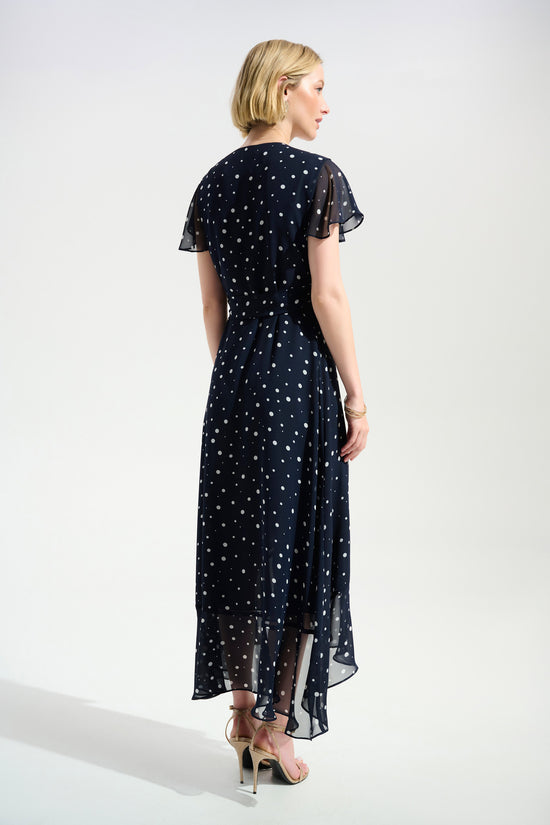 Joseph Ribkoff Midnight Blue and Vanilla Spot Print Wrap Dress With Ruffle Detail 261739