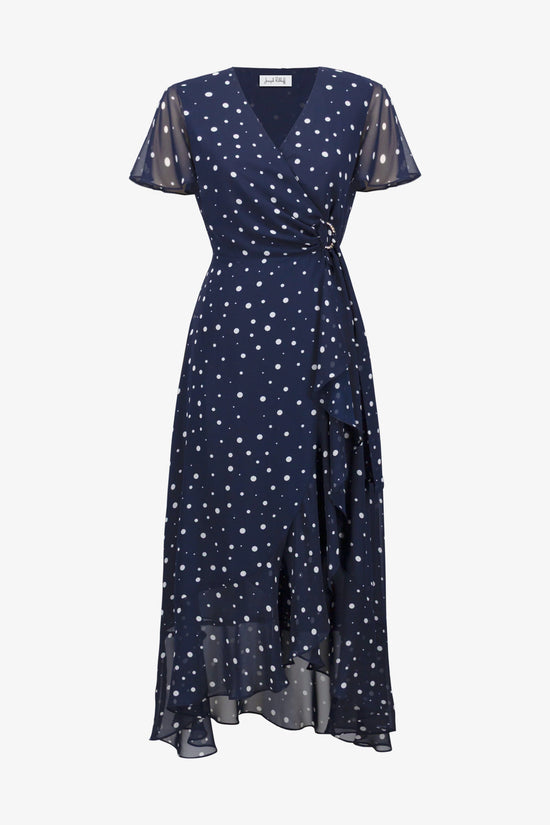 Joseph Ribkoff Midnight Blue and Vanilla Spot Print Wrap Dress With Ruffle Detail 261739