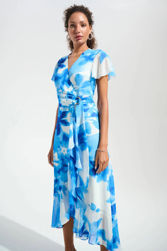Joseph Ribkoff Vanilla and Blue Chiffon Print Wrap Dress With Ruffle Detail 261739