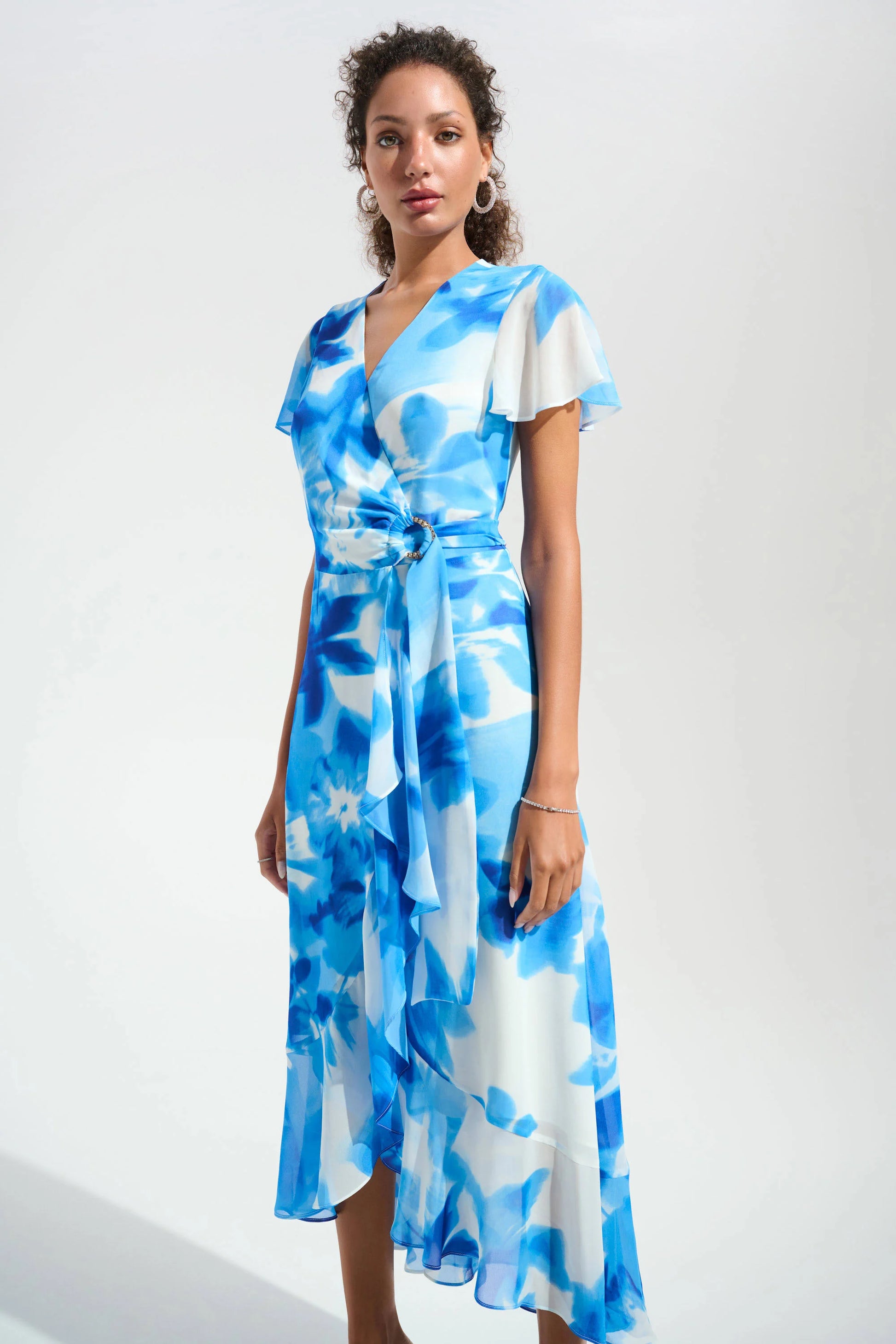 Joseph Ribkoff Vanilla and Blue Chiffon Print Wrap Dress With Ruffle Detail 261739