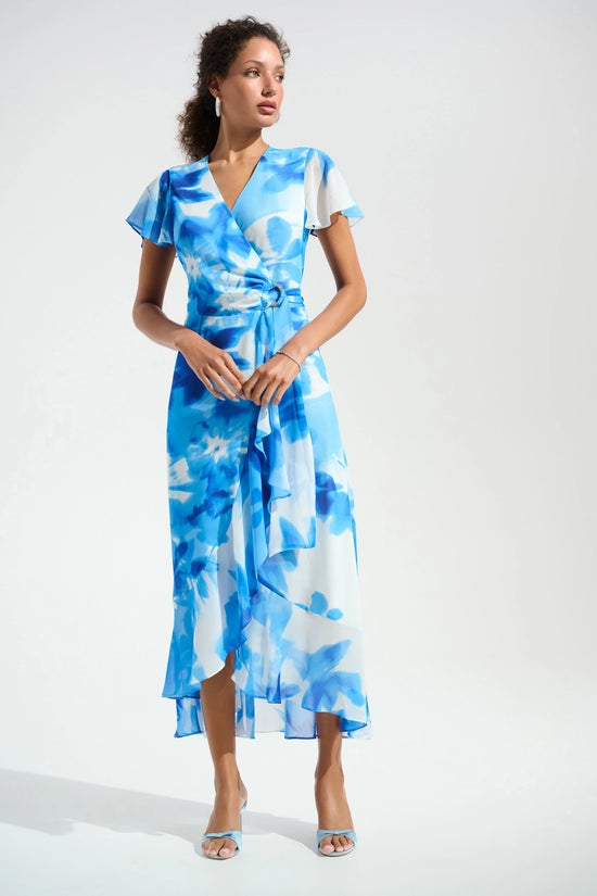Joseph Ribkoff Vanilla and Blue Chiffon Print Wrap Dress With Ruffle Detail 261739