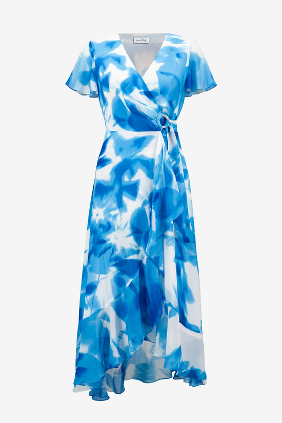 Joseph Ribkoff Vanilla and Blue Chiffon Print Wrap Dress With Ruffle Detail 261739