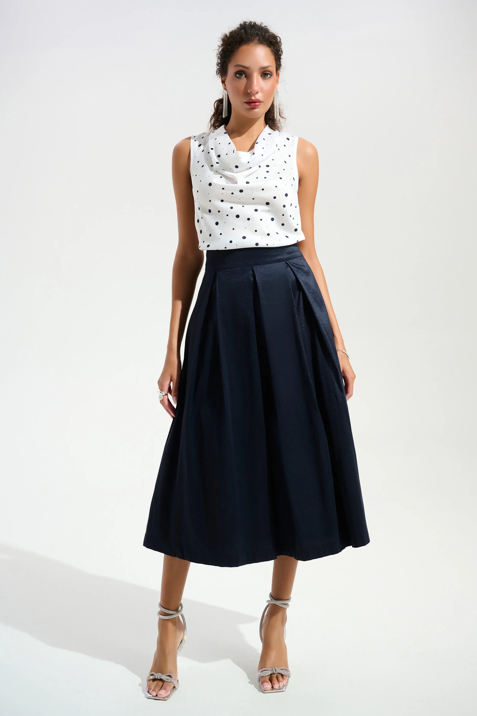 Joseph Ribkff Vanilla Recycled Satin Dot Print Sleeveless Cowl Neck Top 261746