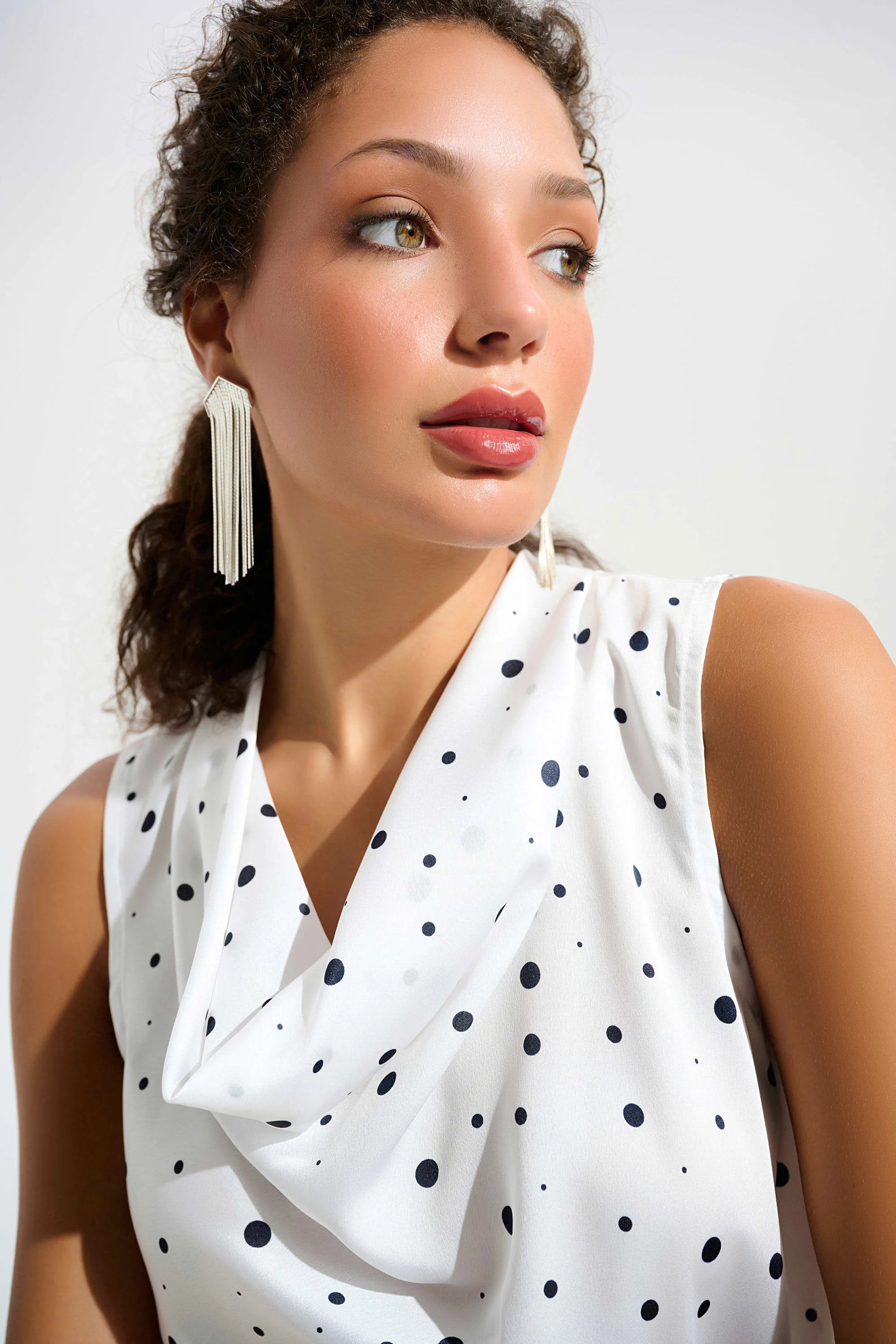 Joseph Ribkff Vanilla Recycled Satin Dot Print Sleeveless Cowl Neck Top 261746