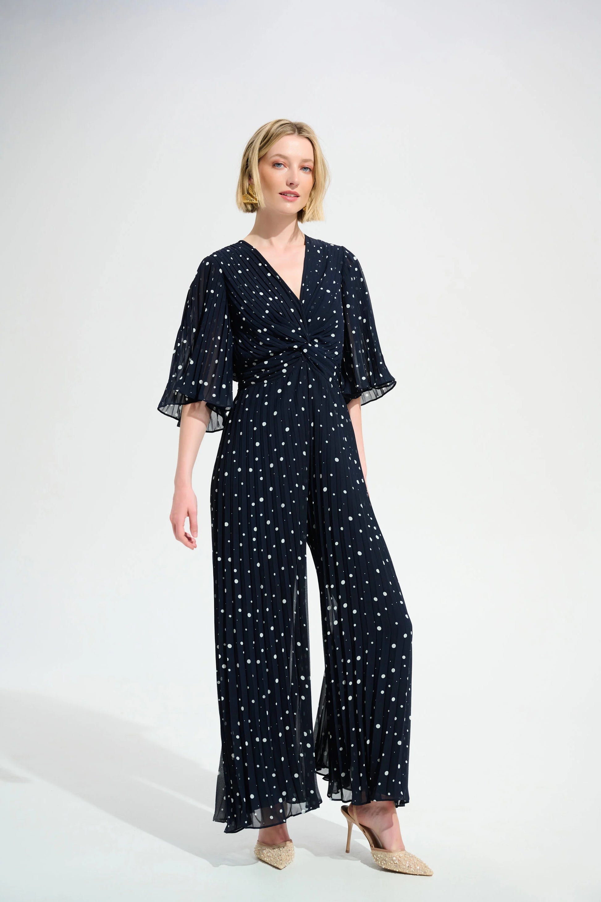 Joseph Ribkoff Midnight Pleated Chiffon Dot Print Wide Leg Jumpsuit With Knot Detail 261756