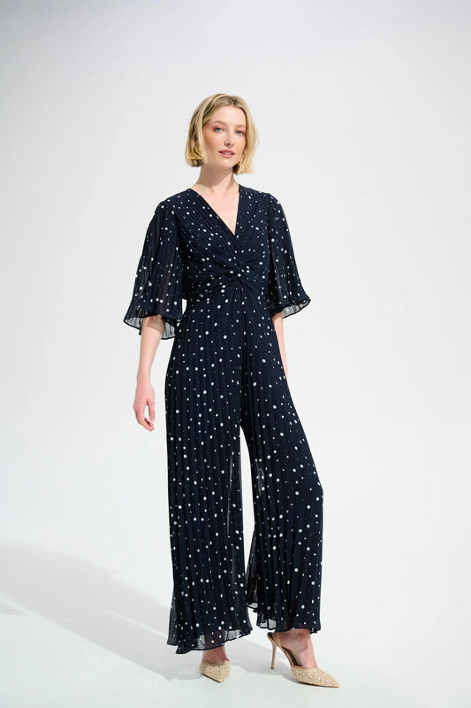Joseph Ribkoff Midnight Pleated Chiffon Dot Print Wide Leg Jumpsuit With Knot Detail 261756