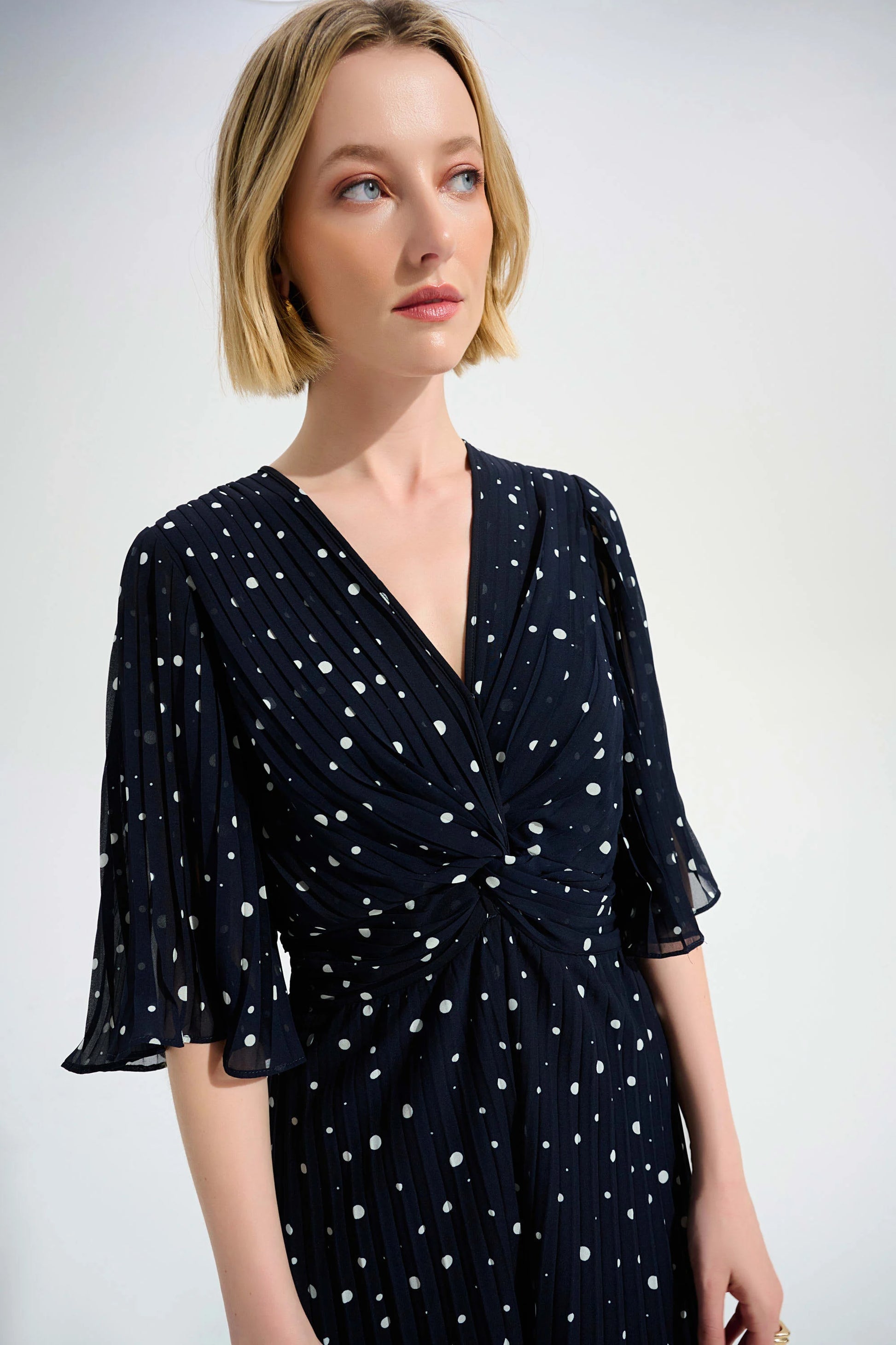 Joseph Ribkoff Midnight Pleated Chiffon Dot Print Wide Leg Jumpsuit With Knot Detail 261756