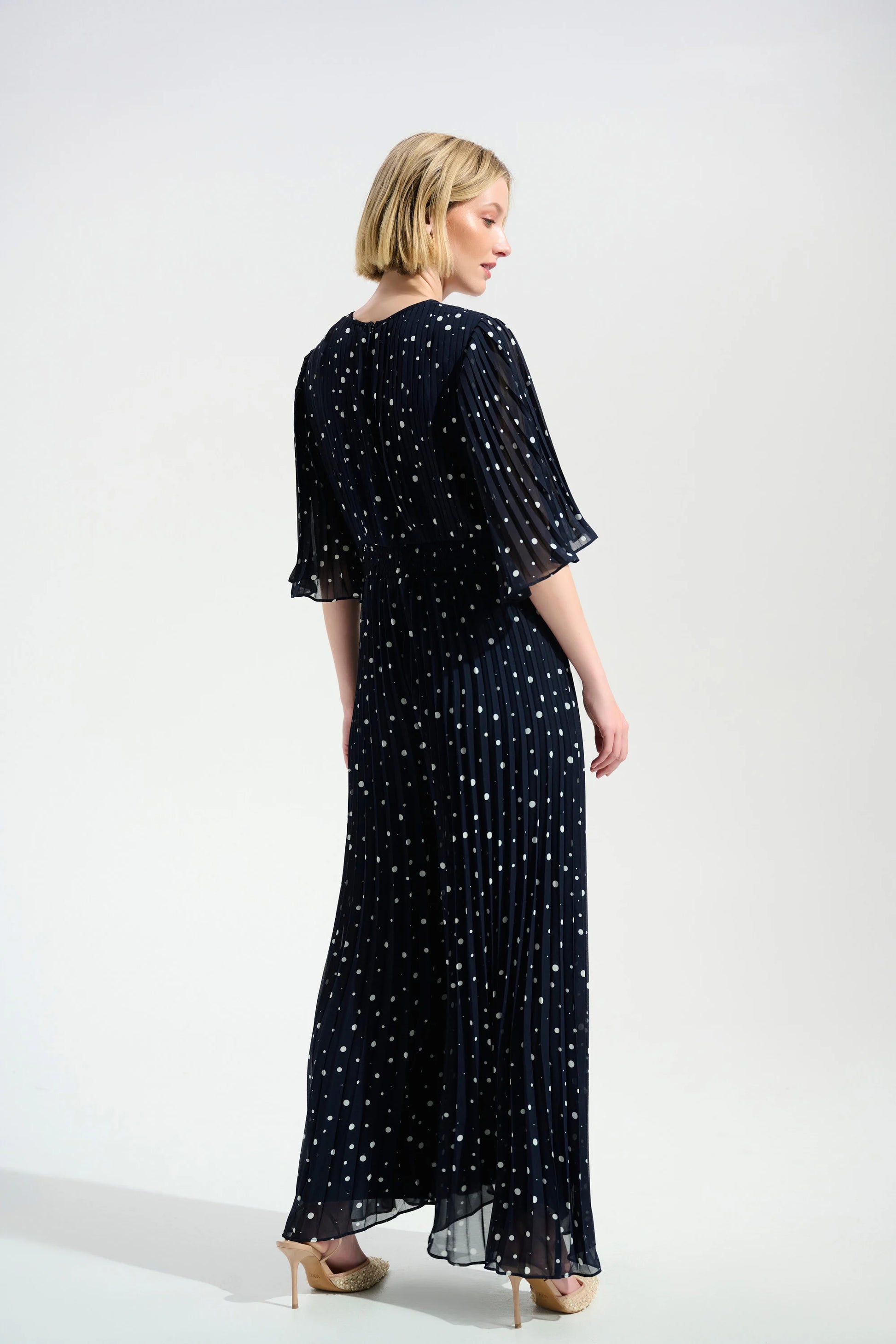 Joseph Ribkoff Midnight Pleated Chiffon Dot Print Wide Leg Jumpsuit With Knot Detail 261756