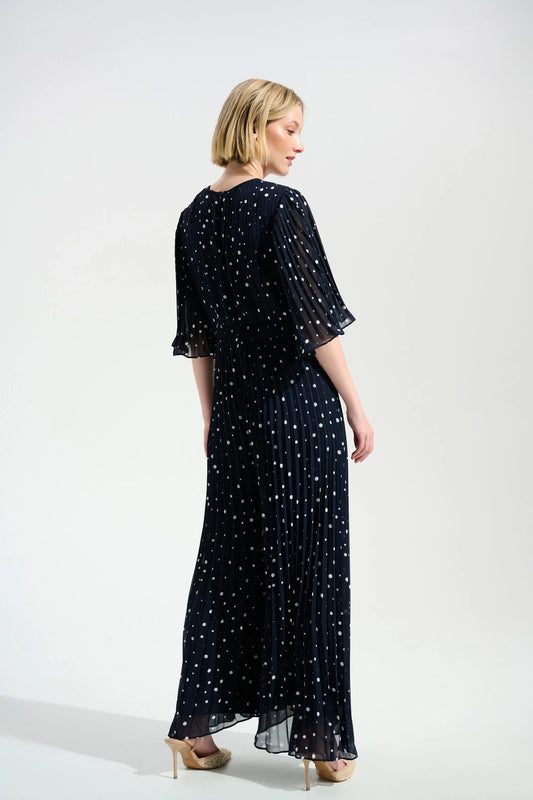 Joseph Ribkoff Midnight Pleated Chiffon Dot Print Wide Leg Jumpsuit With Knot Detail 261756