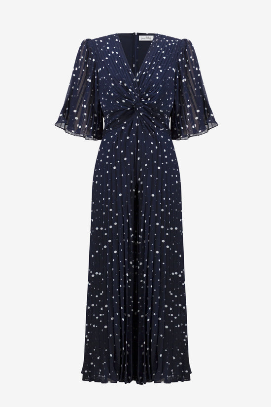 Joseph Ribkoff Midnight Pleated Chiffon Dot Print Wide Leg Jumpsuit With Knot Detail 261756