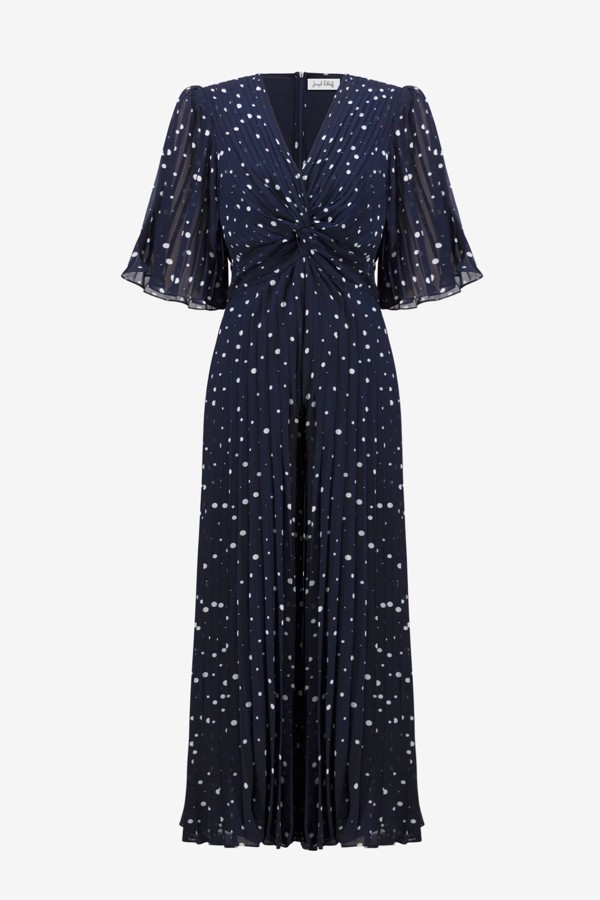 Joseph Ribkoff Midnight Pleated Chiffon Dot Print Wide Leg Jumpsuit With Knot Detail 261756