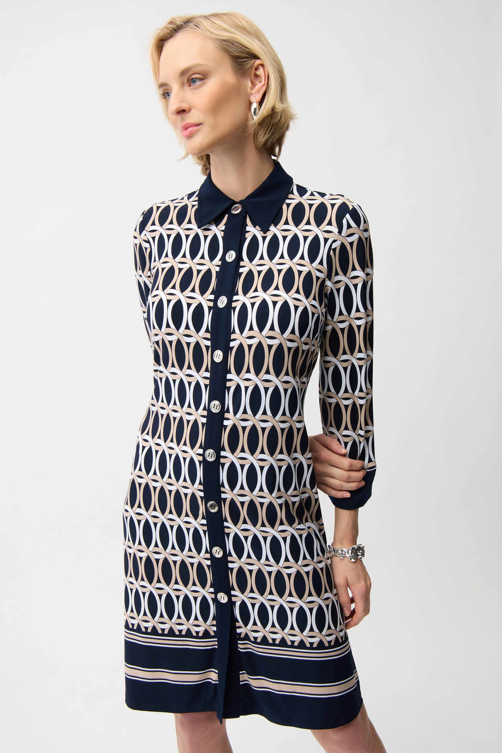 Joseph Ribkoff Midnight Blue Silky Knit Geometric Print A-Line Shirt Dress