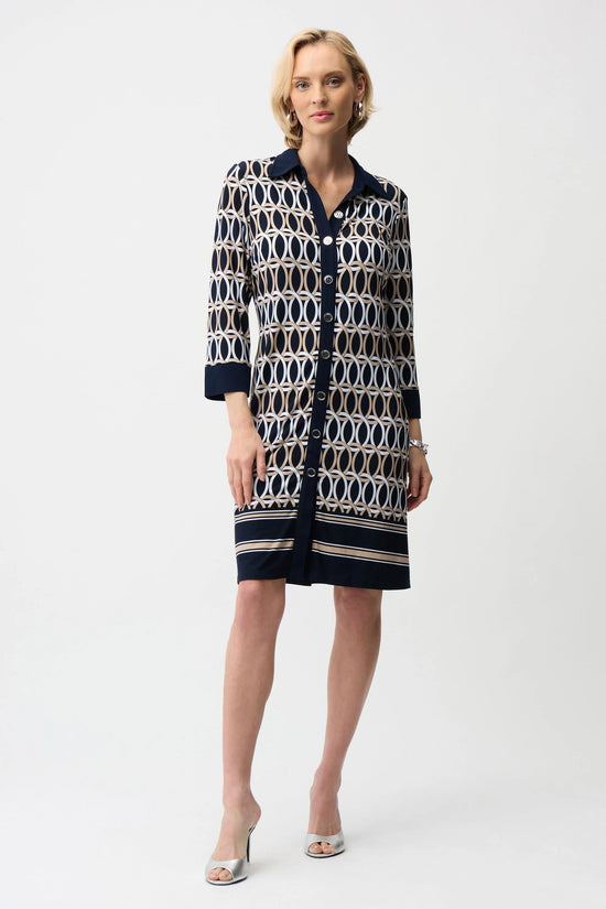 Joseph Ribkoff Midnight Blue Silky Knit Geometric Print A-Line Shirt Dress