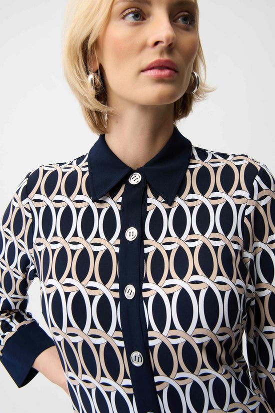 Joseph Ribkoff Midnight Blue Silky Knit Geometric Print A-Line Shirt Dress