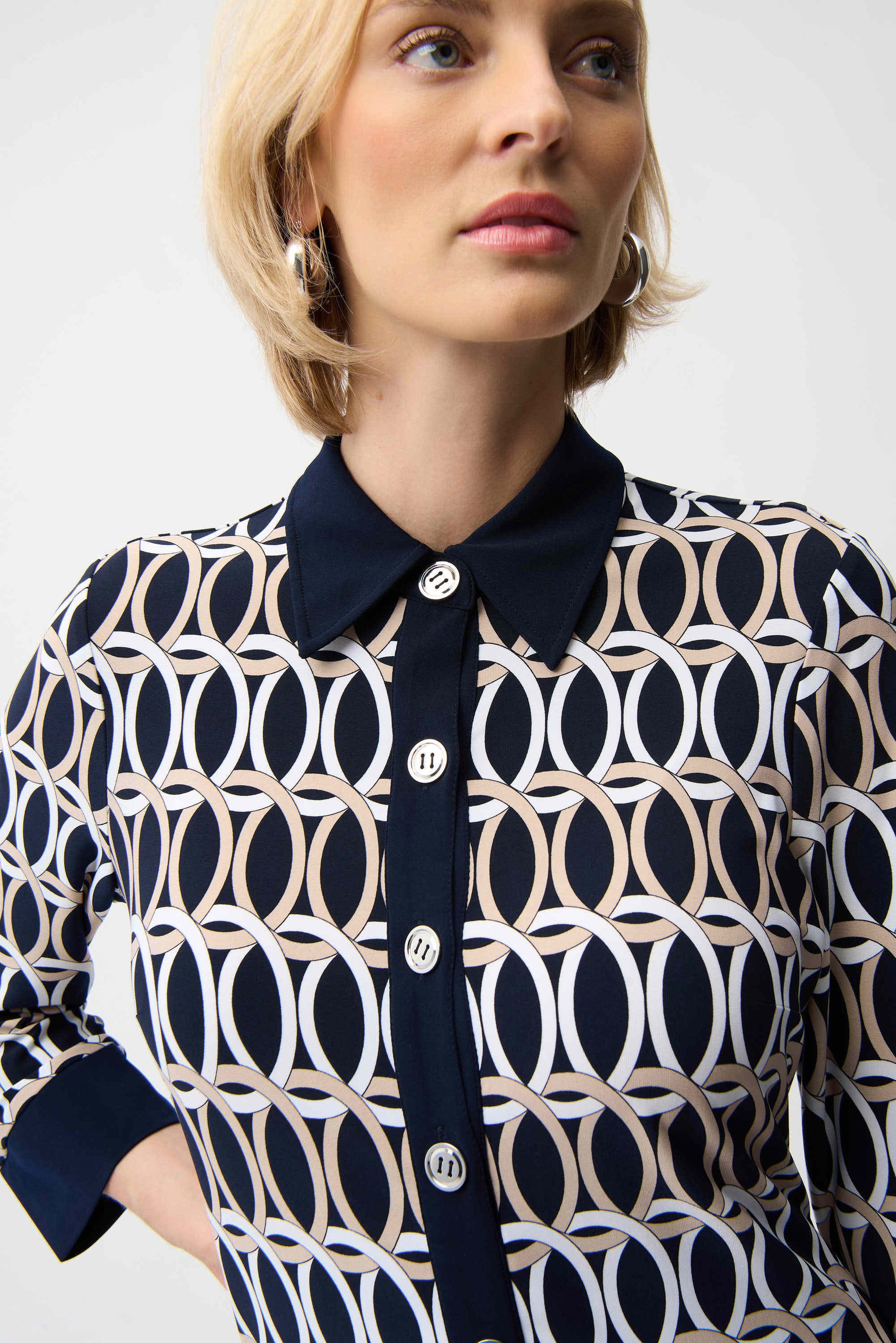 Joseph Ribkoff Midnight Blue Silky Knit Geometric Print A-Line Shirt Dress