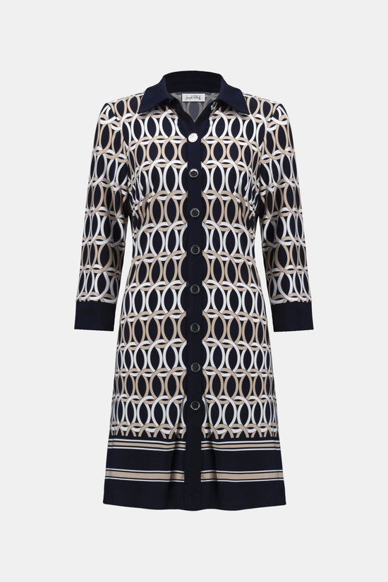 Joseph Ribkoff Midnight Blue Silky Knit Geometric Print A-Line Shirt Dress