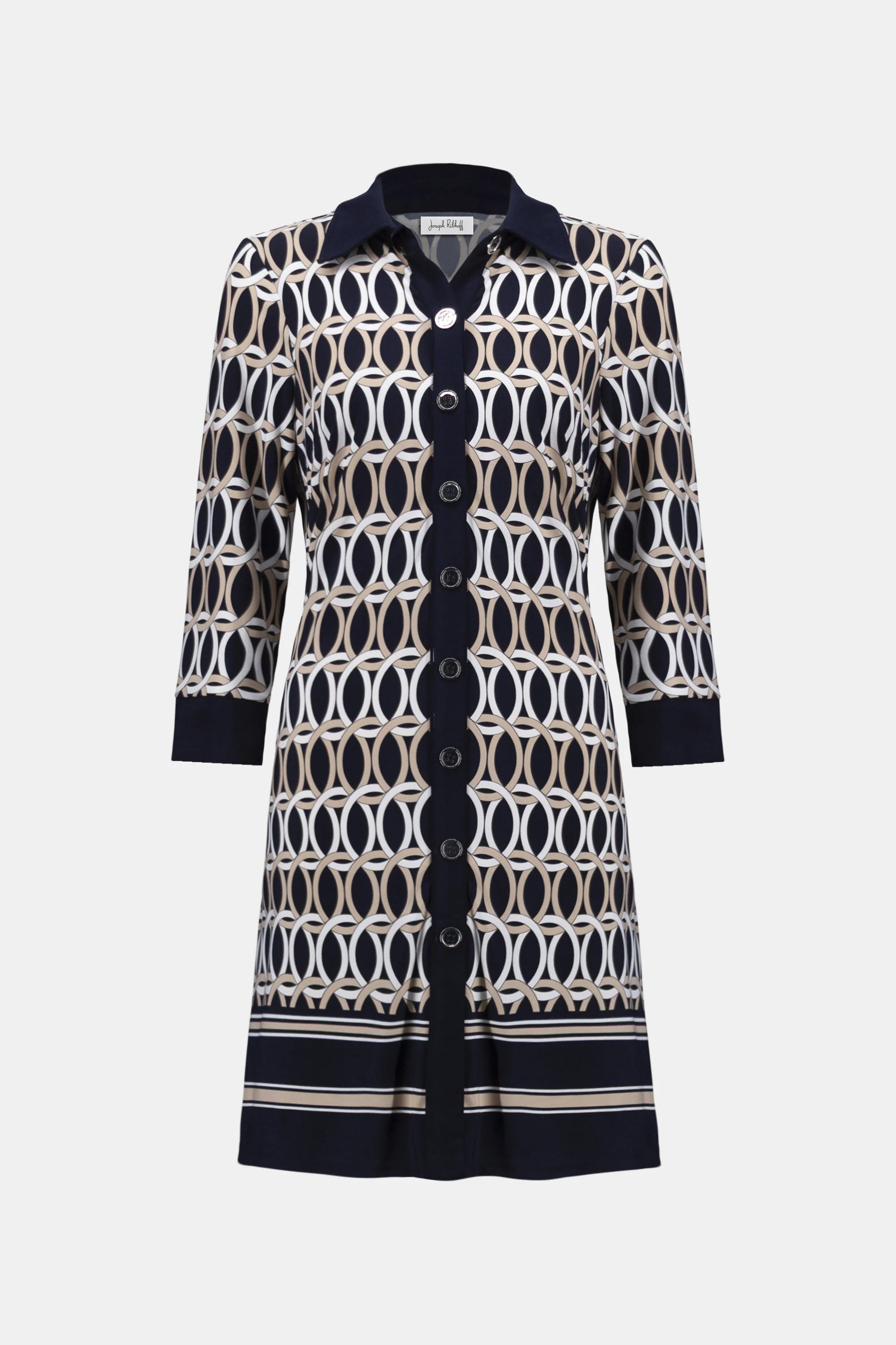 Joseph Ribkoff Midnight Blue Silky Knit Geometric Print A-Line Shirt Dress