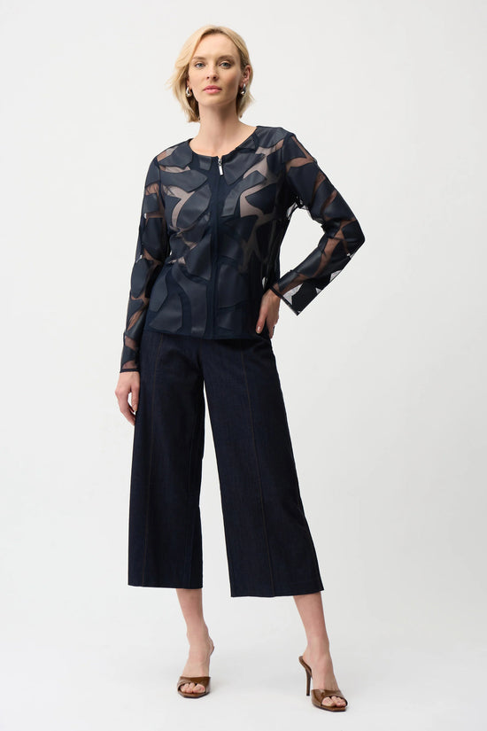 Joseph Ribkoff Midnight Blue Laser Cut Leatherette Fitted Jacket