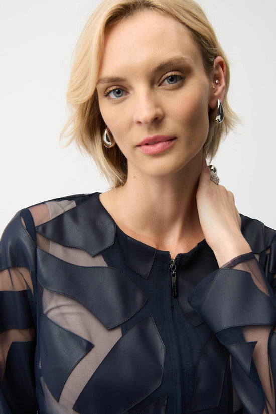 Joseph Ribkoff Midnight Blue Laser Cut Leatherette Fitted Jacket