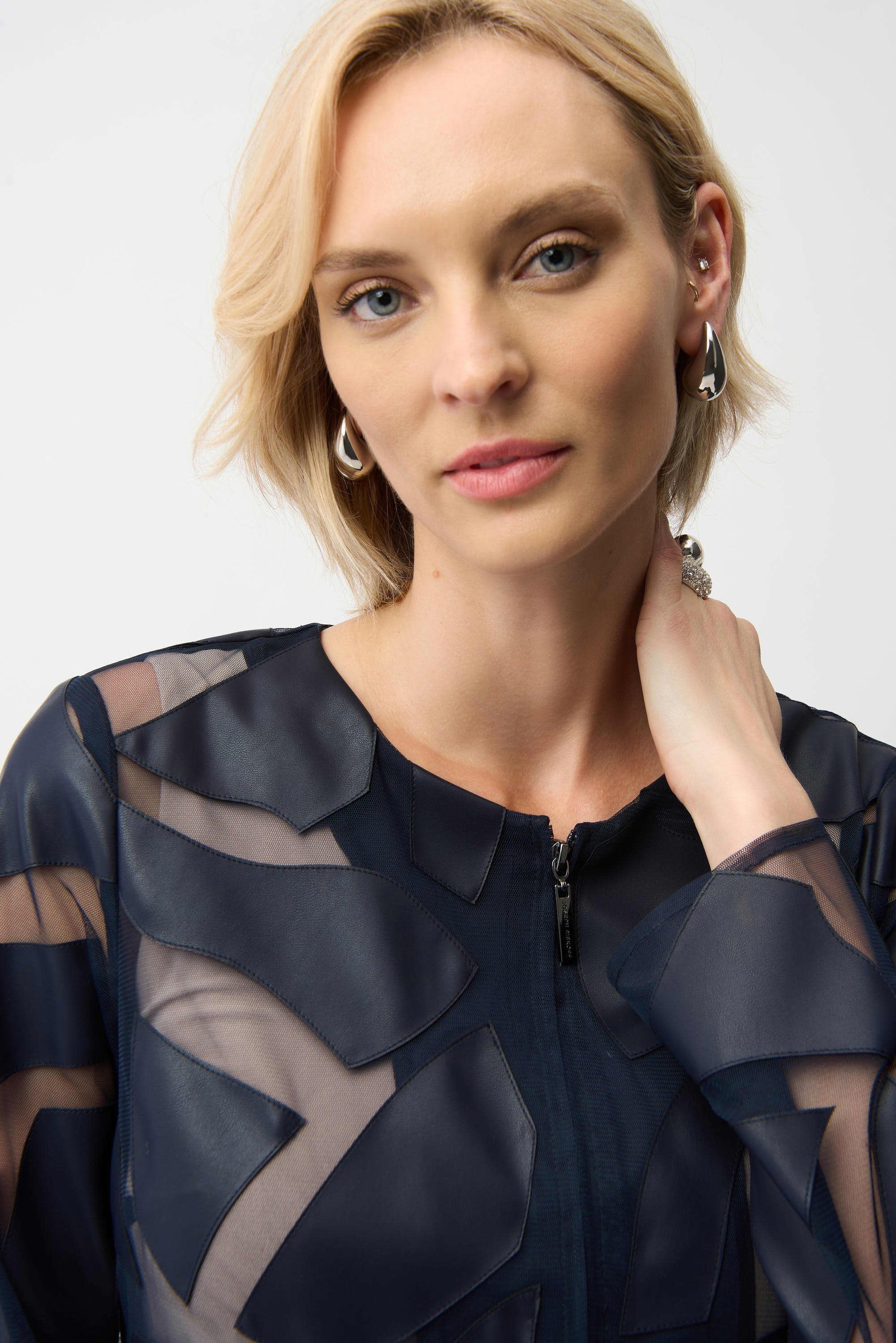Joseph Ribkoff Midnight Blue Laser Cut Leatherette Fitted Jacket