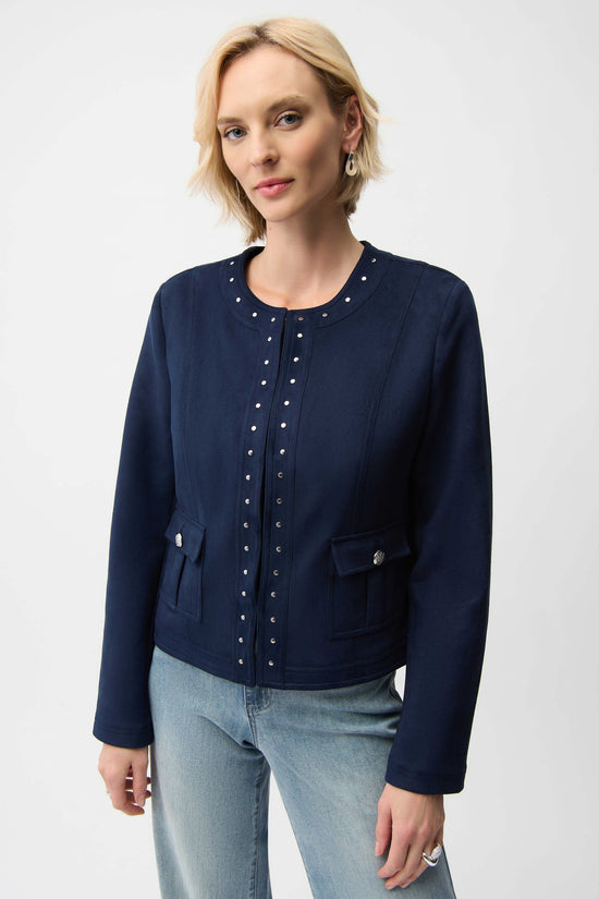 Joseph Ribkoff Midnight Scuba Suede Straight 4-Pocket Jacket With Military Button 261909
