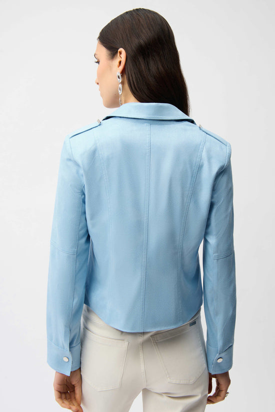 Joseph Ribkoff Sky Blue Foiled Faux Suede Fitted Jacket with Decorative Buckles 261910