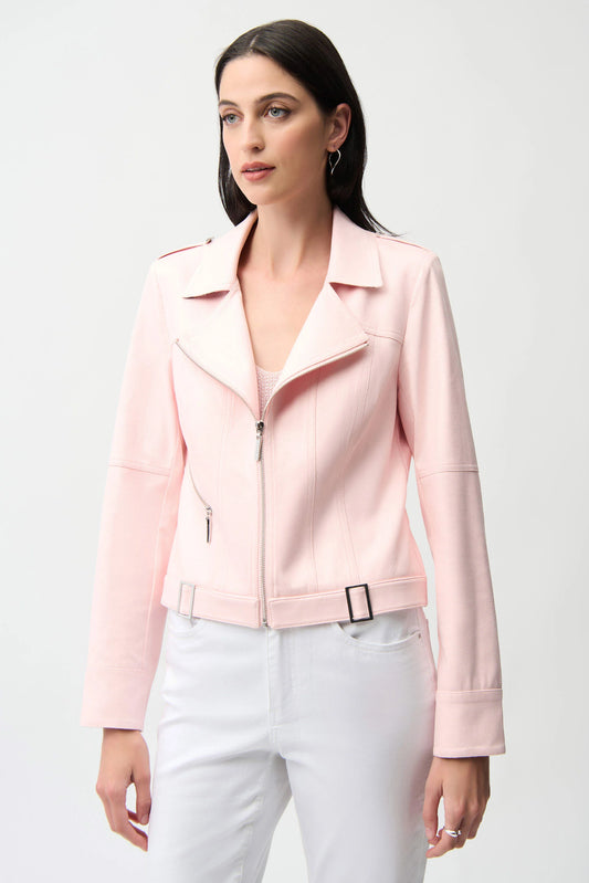 Joseph Ribkoff Pink Foiled Faux Suede Fitted Jacket with Decorative Buckles 261910