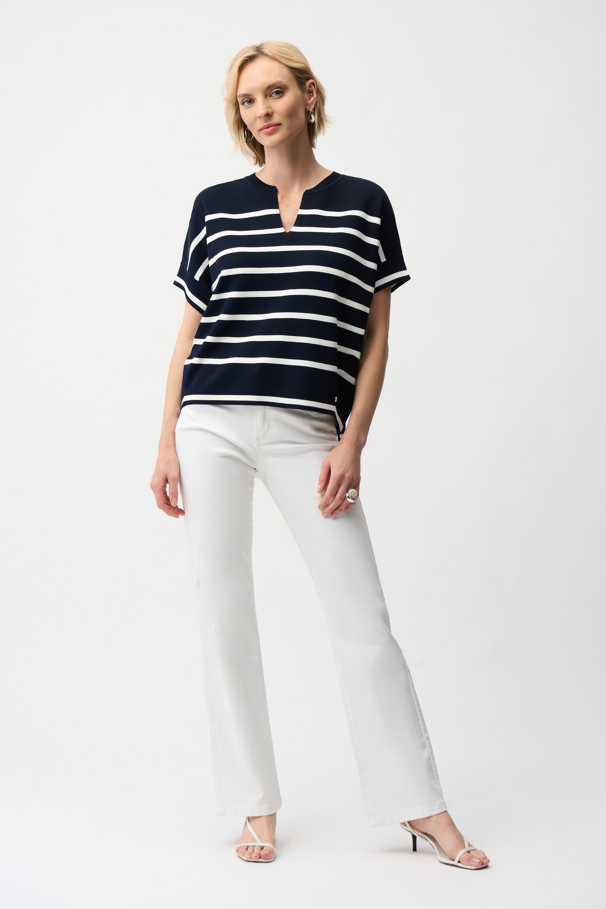 Joseph Ribkoff Navy & Cream Striped Short Sleeve Knit Top