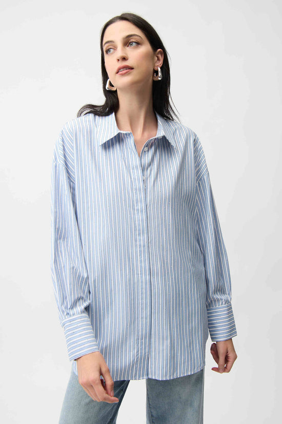 Joseph Ribkoff Blue and Cream Tencel Stripe Print Boxy Blouse