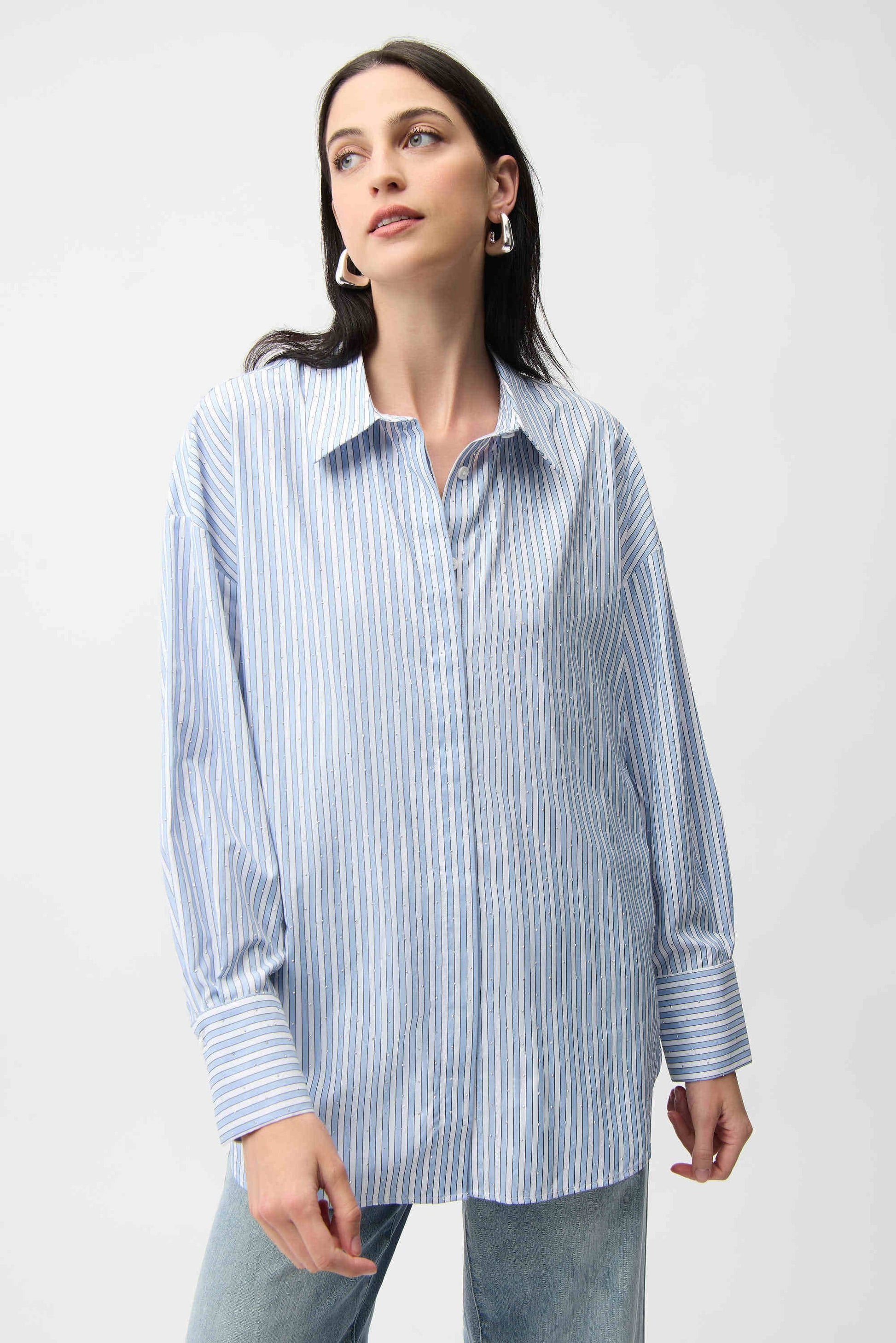 Joseph Ribkoff Blue and Cream Tencel Stripe Print Boxy Blouse