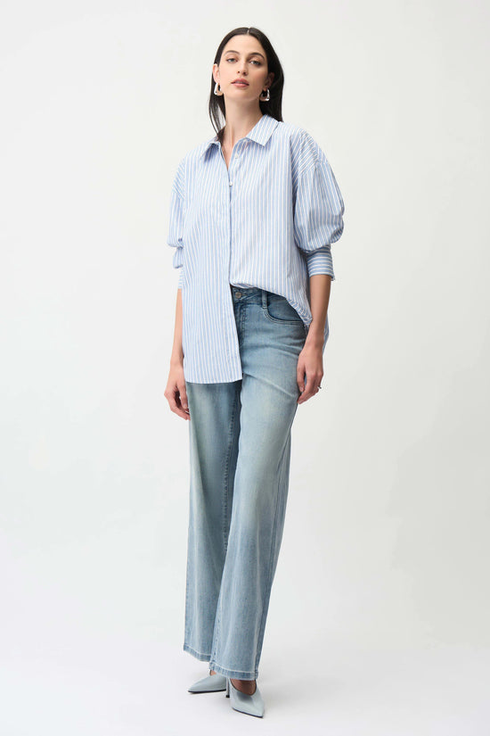 Joseph Ribkoff Blue and Cream Tencel Stripe Print Boxy Blouse