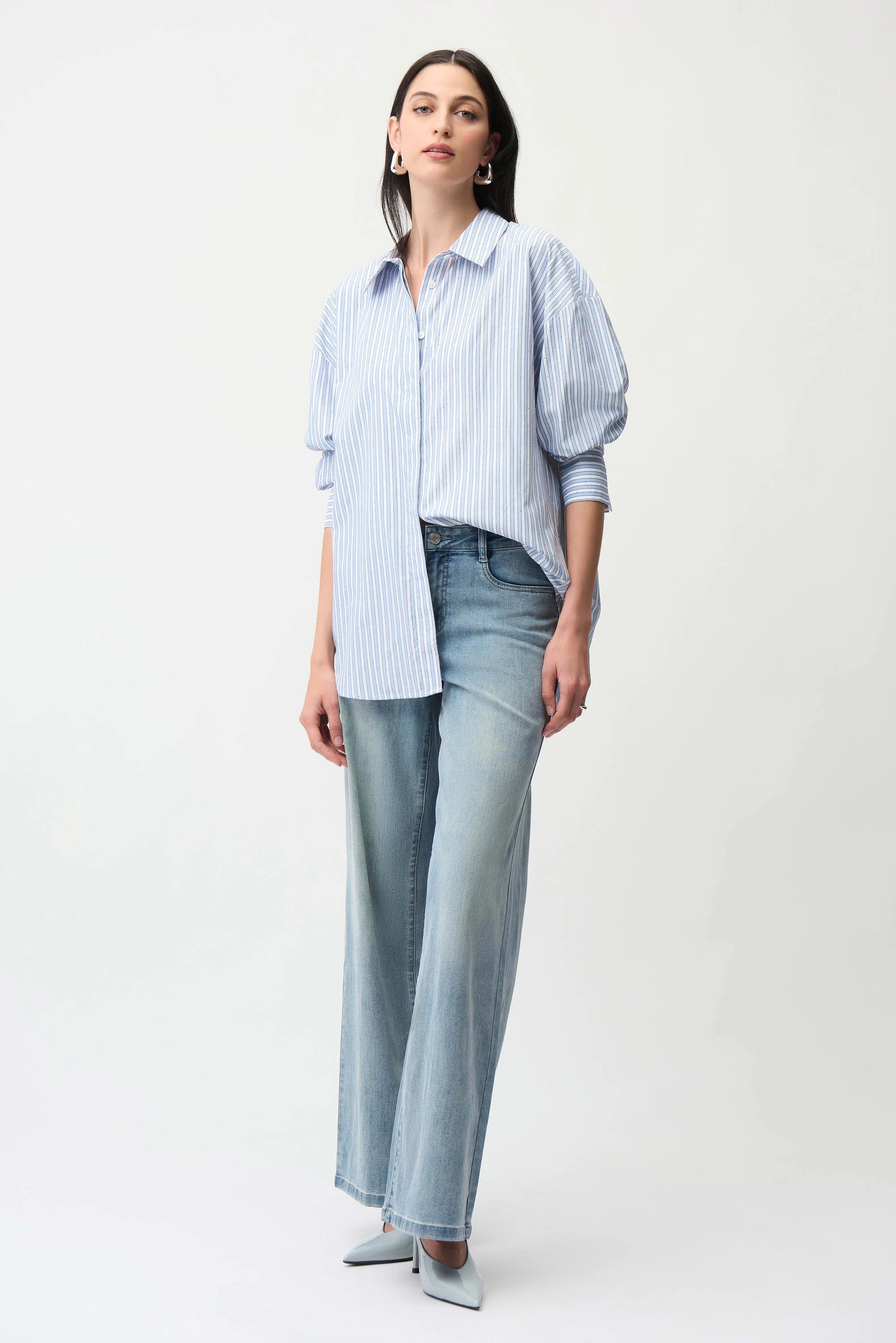 Joseph Ribkoff Blue and Cream Tencel Stripe Print Boxy Blouse