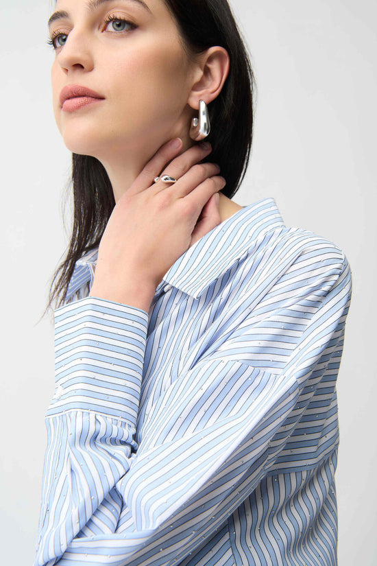 Joseph Ribkoff Blue and Cream Tencel Stripe Print Boxy Blouse