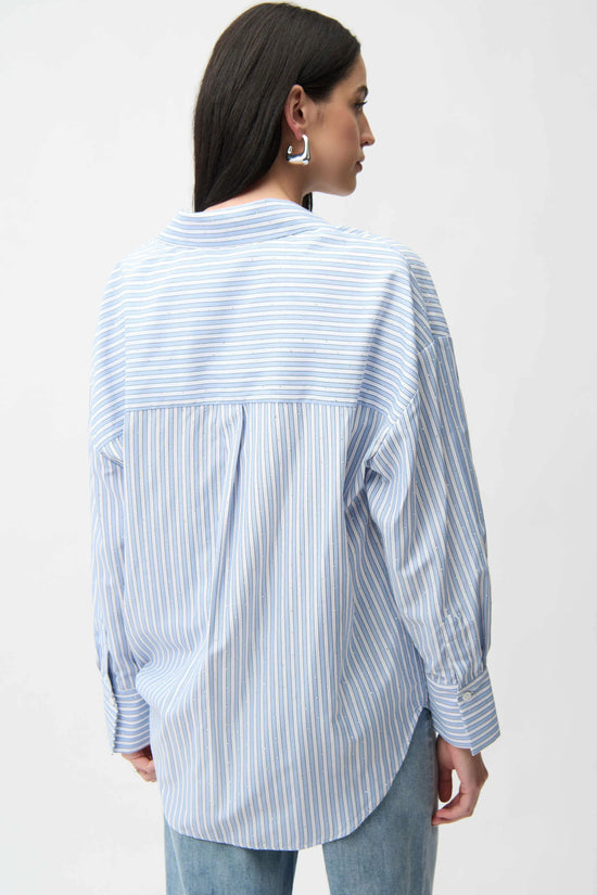 Joseph Ribkoff Blue and Cream Tencel Stripe Print Boxy Blouse