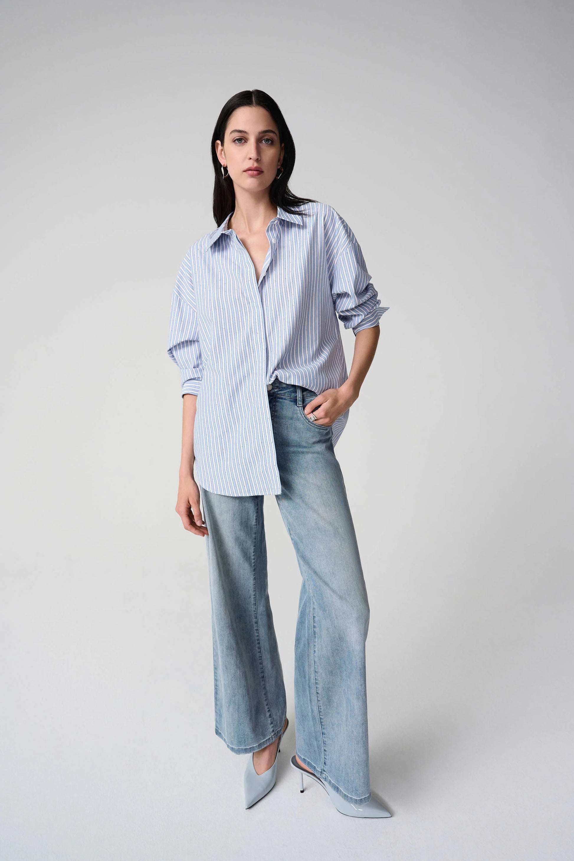Joseph Ribkoff Blue and Cream Tencel Stripe Print Boxy Blouse