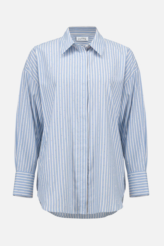 Joseph Ribkoff Blue and Cream Tencel Stripe Print Boxy Blouse