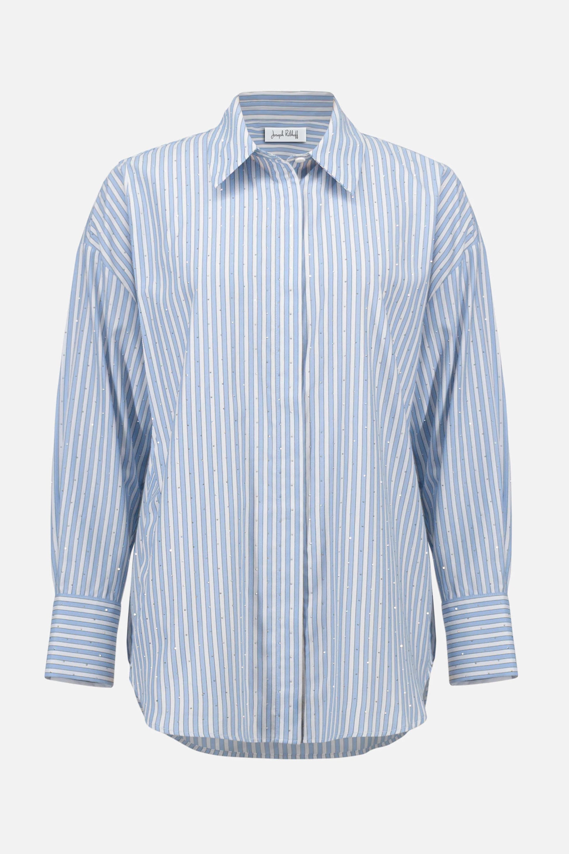 Joseph Ribkoff Blue and Cream Tencel Stripe Print Boxy Blouse