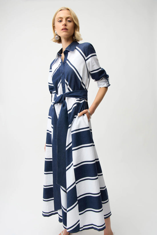 Joseph Ribkoff Navy and White Cotton Stripe Fit and Flare Shirt Dress with Reversible Sash 261936