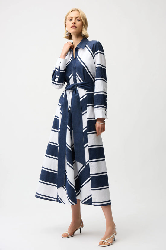 Joseph Ribkoff Navy and White Cotton Stripe Fit and Flare Shirt Dress with Reversible Sash 261936
