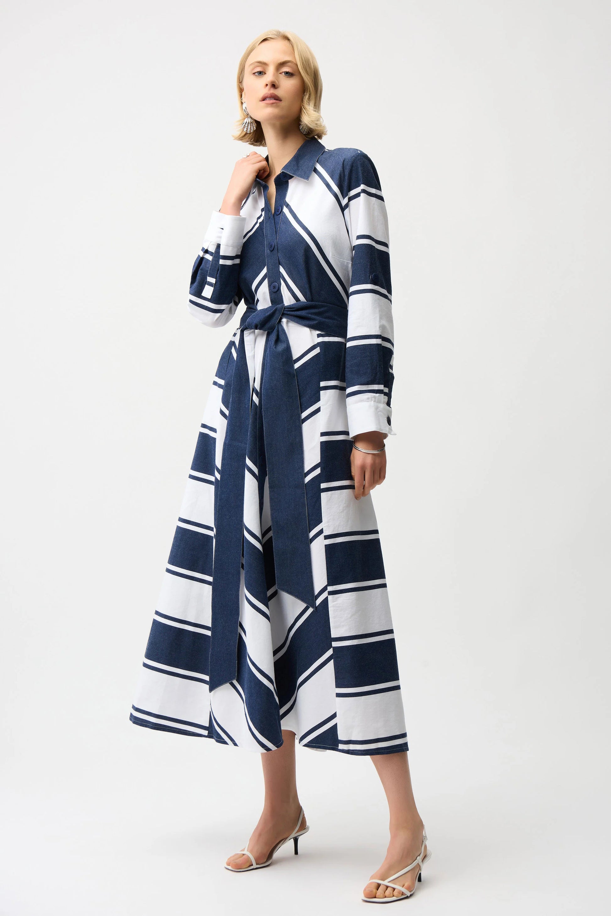 Joseph Ribkoff Navy and White Cotton Stripe Fit and Flare Shirt Dress with Reversible Sash 261936