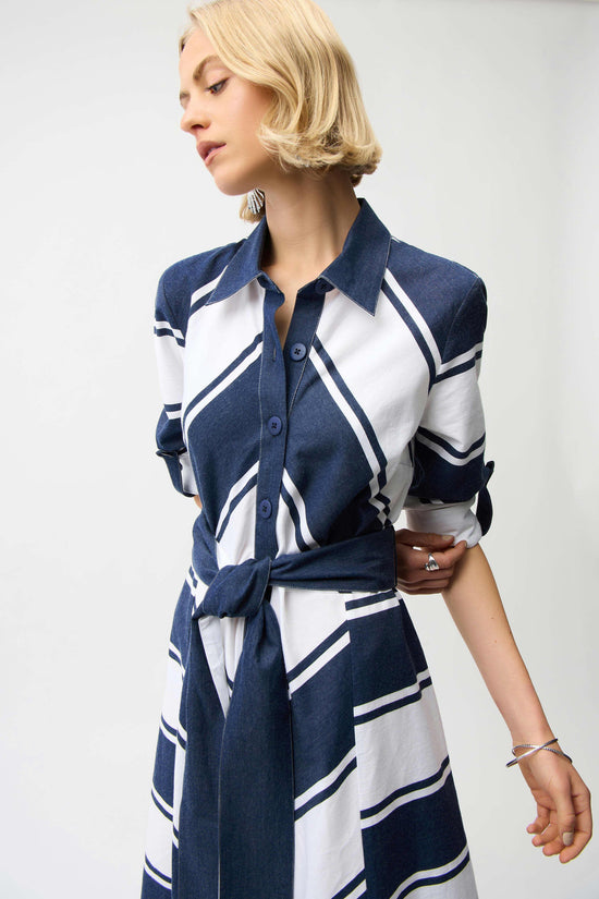 Joseph Ribkoff Navy and White Cotton Stripe Fit and Flare Shirt Dress with Reversible Sash 261936