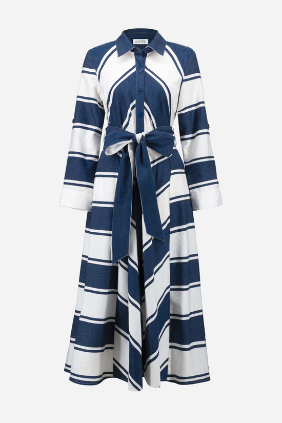 Joseph Ribkoff Navy and White Cotton Stripe Fit and Flare Shirt Dress with Reversible Sash 261936