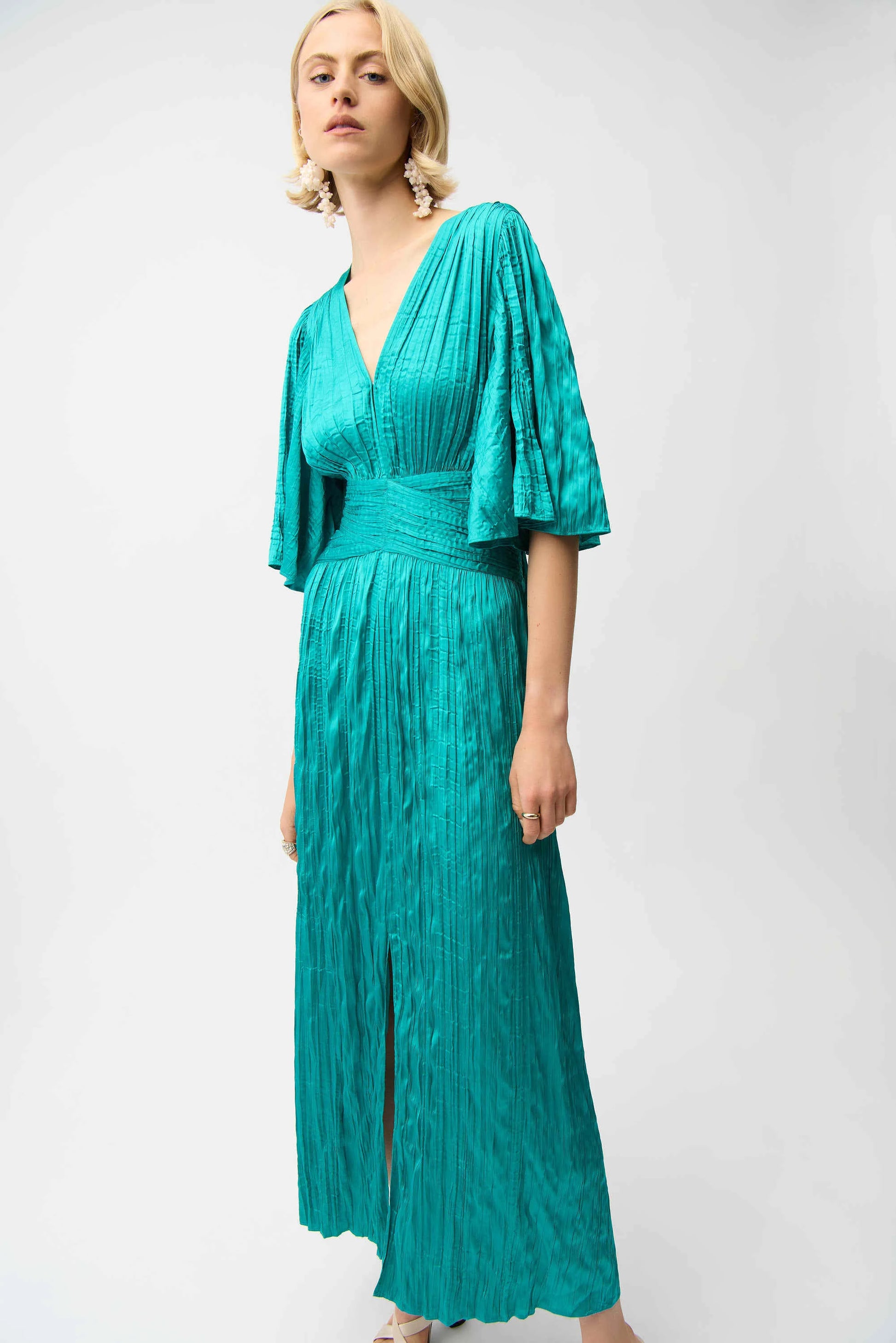 Joseph Ribkoff Oceanic Satin Fit and Flare Pleated Dress with Knot Waist Detail 261962