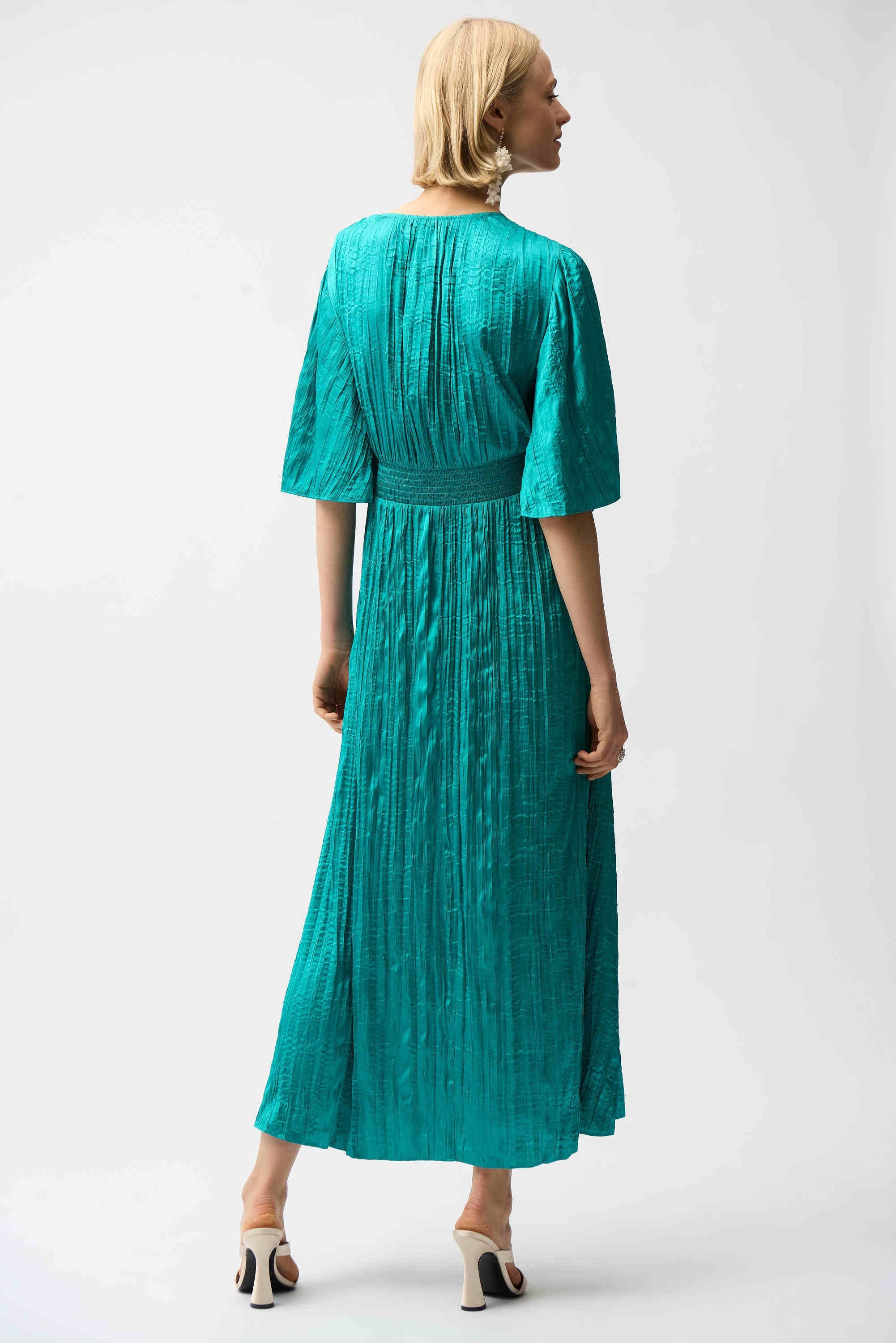 Joseph Ribkoff Oceanic Satin Fit and Flare Pleated Dress with Knot