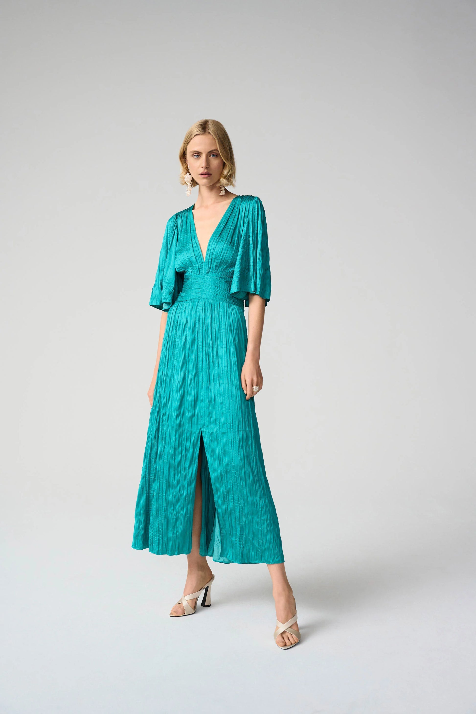 Joseph Ribkoff Oceanic Satin Fit and Flare Pleated Dress with Knot Waist Detail 261962