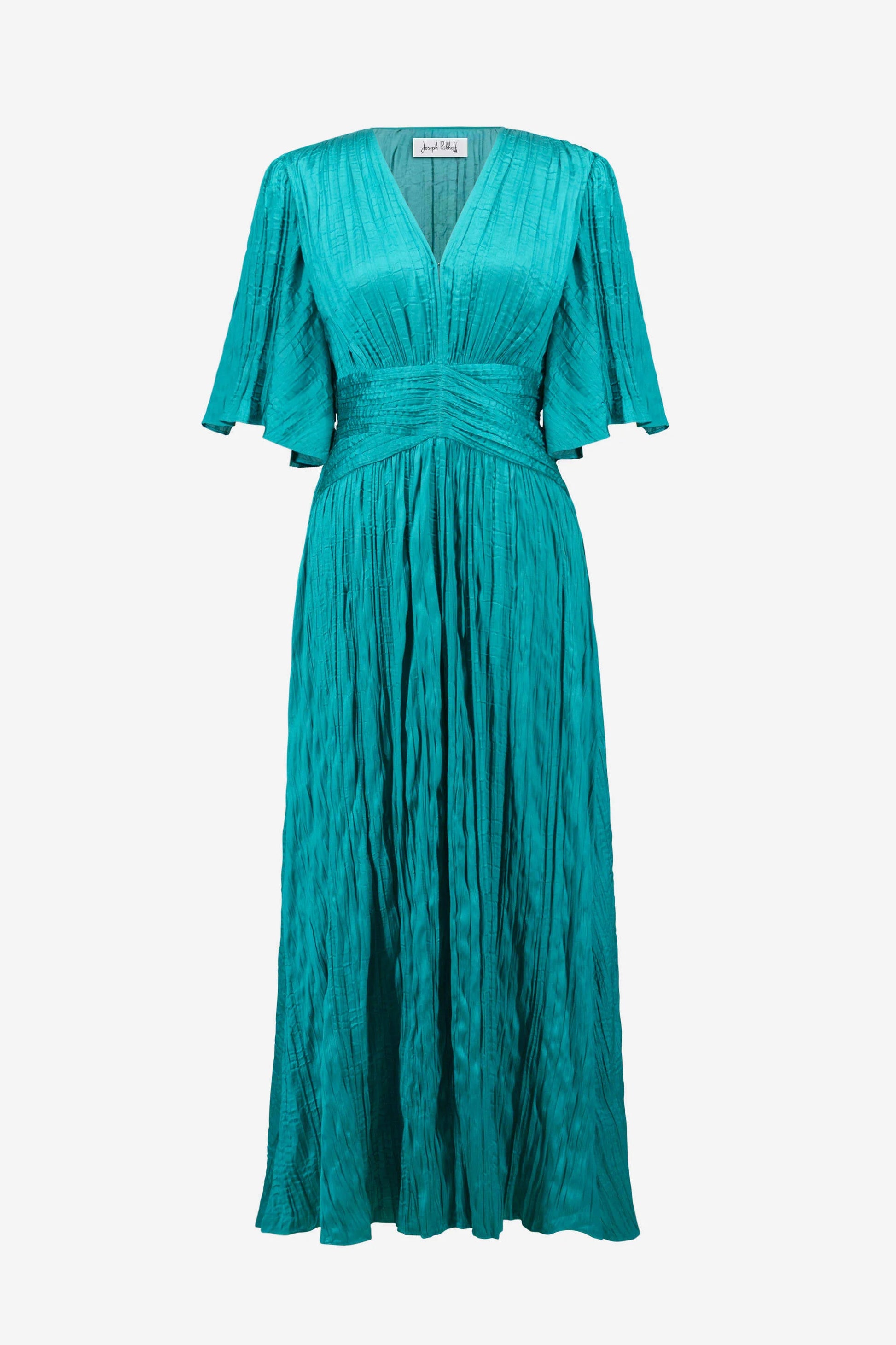 Joseph Ribkoff Oceanic Satin Fit and Flare Pleated Dress with Knot Waist Detail 261962