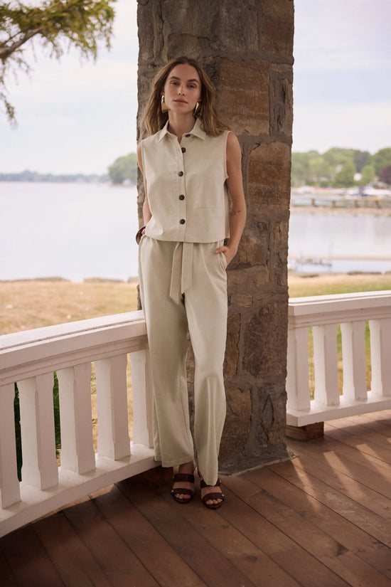 Joseph Ribkoff Natural Linen Woven Pull-On Wide Leg Trousers 