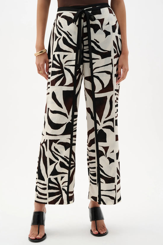 Joseph Ribkoff Beige Woven Gauze Tropical Print Wide Leg Trousers 
