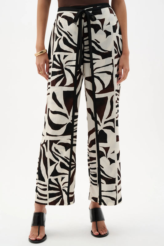 Joseph Ribkoff Beige Woven Gauze Tropical Print Wide Leg Trousers 262056