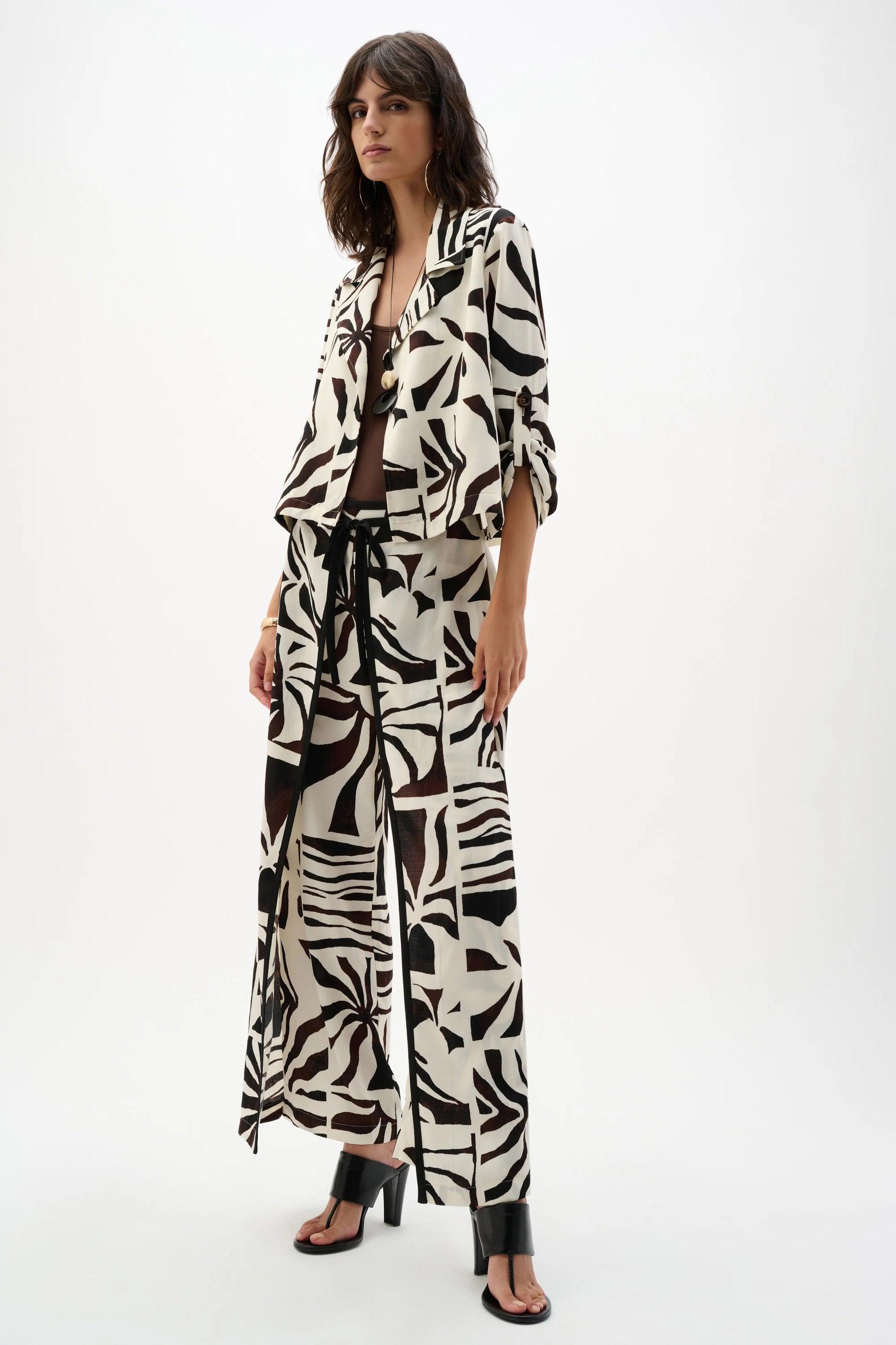 Joseph Ribkoff Beige Woven Gauze Tropical Print Wide Leg Trousers 